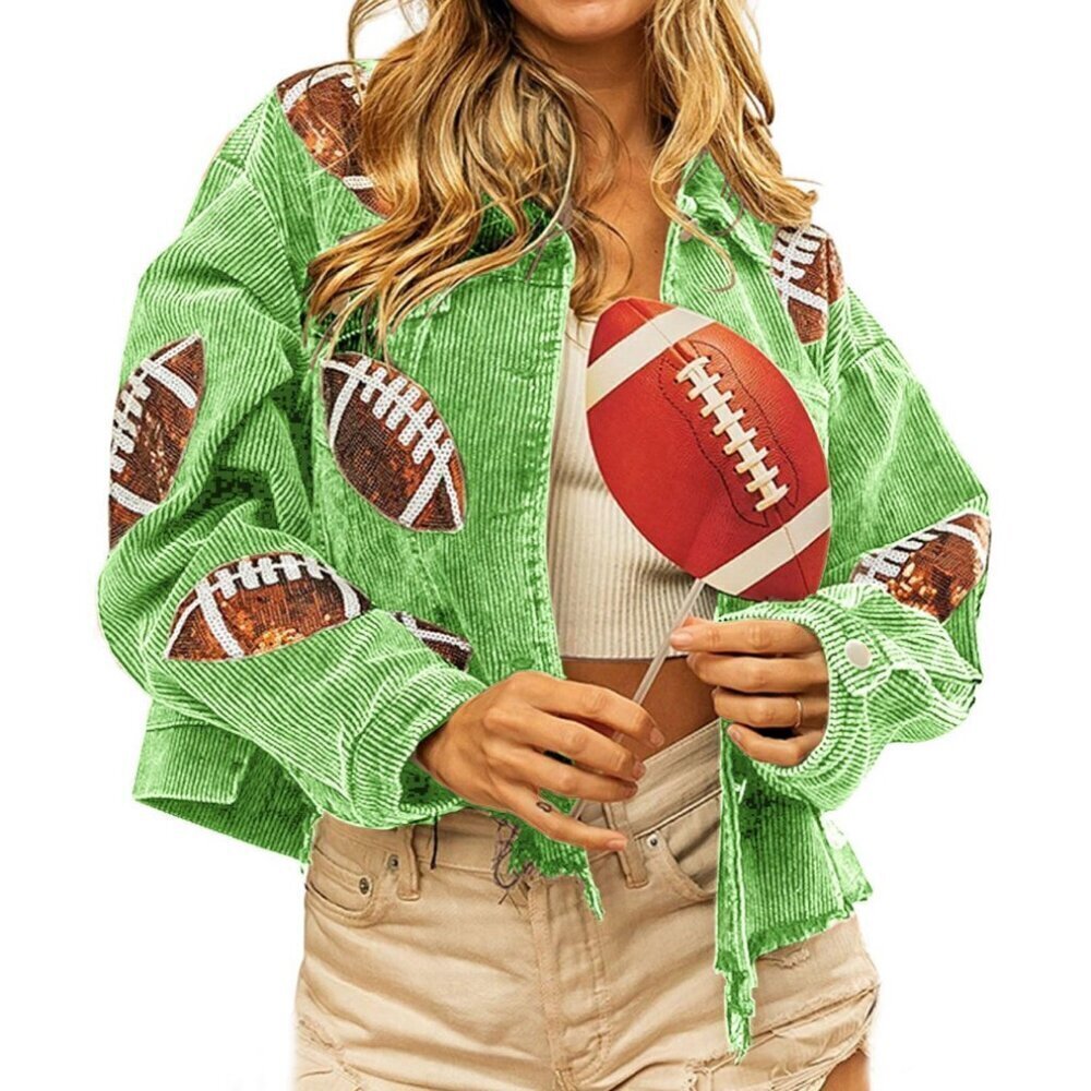 Cord Oversized Sequin Crop Vintage Football Distressed Jacket Size S NWT